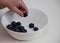 Blueberries in the hands of a child. child`s hand takes blueberries from a white bowl on a white background