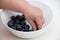 Blueberries in the hands of a child. child`s hand takes blueberries from a white bowl on a white background