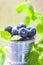 Blueberries, juicy wild berries in drops of water. Healthy food or nutrition