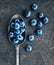 Blueberries laying in a vintage spoon with a patina.