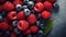 blueberries and raspberries, blackberry in a bowl. Neural network AI generated