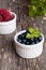 Blueberries and raspberries bowl on wooden table