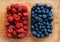 Blueberries and raspberries, healthy forest berry fruit