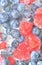 Blueberries and raspberries in liquid with bubbles. Colourful ripe bilberries and raspberries in water. Close-up of