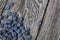 Blueberries are scattered on pine boards. Close-up shot