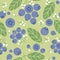 Blueberries seamless pattern. Berries with leaves and flowers on shabby background.