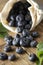 Blueberries spilling out of a brown textile, eco bag over rustic wood table. Zero waist concept, no plastic. Eco friendly berries