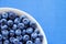 Blueberries in white bowl on colorful blue backround