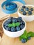 Blueberries in a white bowl and measuring tape