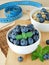 Blueberries in a white bowl and measuring tape in the background