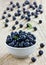 Blueberries in the white bowl on a wood rustic background