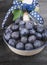Blueberries in white enameling bowl with blue bows and ribbons