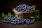 Blueberries in a wicker basket on a dark wooden background, Blueberries in the basket on top of a vintage wooden table, AI