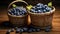 Blueberries in a wicker basket with green leaves on a dark background. AI Generated