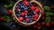 Blueberries in a wicker basket with green leaves on a dark background.AI Generated