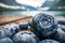 Blueberry antioxidants on a wooden table on a background of Norwegian nature