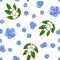 Blueberry berries, flowers and green leaves seamless pattern. Fruit background.