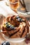 Blueberry Bundt Cake on the table close up, sunny morning festive breakfast concept