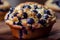 Blueberry cake close-up, on wooden table, sweet berry homemade dessert, fresh tasy cupcake pastry