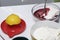 Blueberry cheesecake. Ingredients for cooking are located on the surface of the table