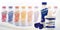 Blueberry drink yogurt bottle with greek yogurt jar and raw apricot berries on bright background of many bottles and milk wave