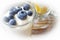 Blueberry greek yogurt in a glass, yogurt parfait with granola, close up
