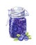 Blueberry jam in glass jar with blue berries and leaves. Water color food