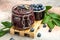 Blueberry jam or marmelade in glass. Blueberries fruits. place for text, top view