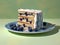 Blueberry lemon cake on white plate with blueberry slice, in the style of multilayered realism.Generative AI