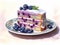 Blueberry lemon cake on white plate with blueberry slice, in the style of multilayered realism.Generative AI