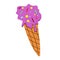 Blueberry melting ice cream in a waffle cone with pastry topping. Isolated element on white background. Vector illustration.