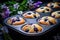 Blueberry muffins in a baking dish