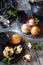 Blueberry muffins, powdered sugar dressing and teapot