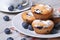 Blueberry muffins on a white plate and coffee closeup