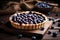 Blueberry pie whole on a wooden board, freshly baked summer dessert, generative AI