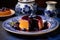 blueberry pudding on a blue ceramic plate