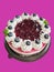Blueberry raspberry cake with delectable sauce on isolated purple background