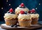 Blueberry and raspberry muffins with whipped cream and fresh berries. sweet food and desserts