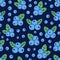 Blueberry seamless pattern with vector icons. Blue forest berries on dark background, detox food wallpaper