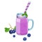 Blueberry smoothie in glass jar with handle, two straws