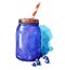 Blueberry smoothie. Mason jar. Watercolor. Hand painted.
