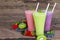 Blueberry strawberry and kiwi smoothies colorful fruit juice milkshake.