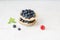 Blueberry tart with cream, cheesecake with berries on white background