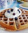 Blueberry waffle breakfast with powdered sugar and whipped cream