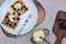 Blueberry waffles sweet dessert food. Prepared meal flat lay image