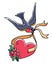 Bluebird carries over red heart on ribbon. Tattoo heart with flowers and bird. Symbol of luck. Old school style.
