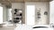 Blueprint project draft, sketch of cosy wooden peaceful bathroom, bathtub, ceramic tiles, carpet, round poufs, shelves, door,