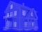 Blueprint style 3D rendered house. White outlines on blue background.