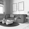 Blueprint unfinished project draft, farmhouse boho style. Contemporary sofa and decors. Trendy interior design