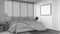 Blueprint unfinished project draft, japandi bedroom with wooden walls and frame mockup. Double bed with pillows, carpets and